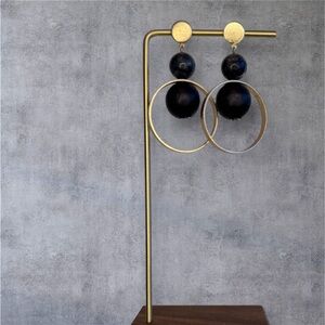 Gold and black dangle hoop earrings‎